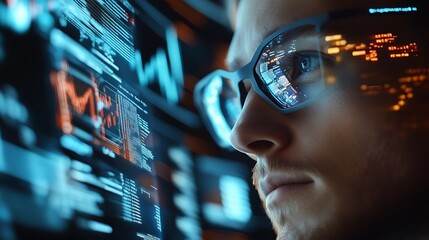 Man wearing glasses looking at screens with data and code reflection