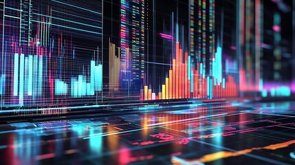 Abstract digital display with colorful bars and reflective surface