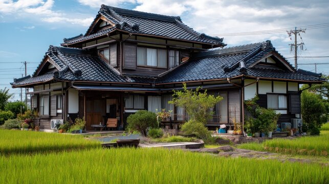 A traditional Japanese house surrounded by rice fields getting a new white paint job