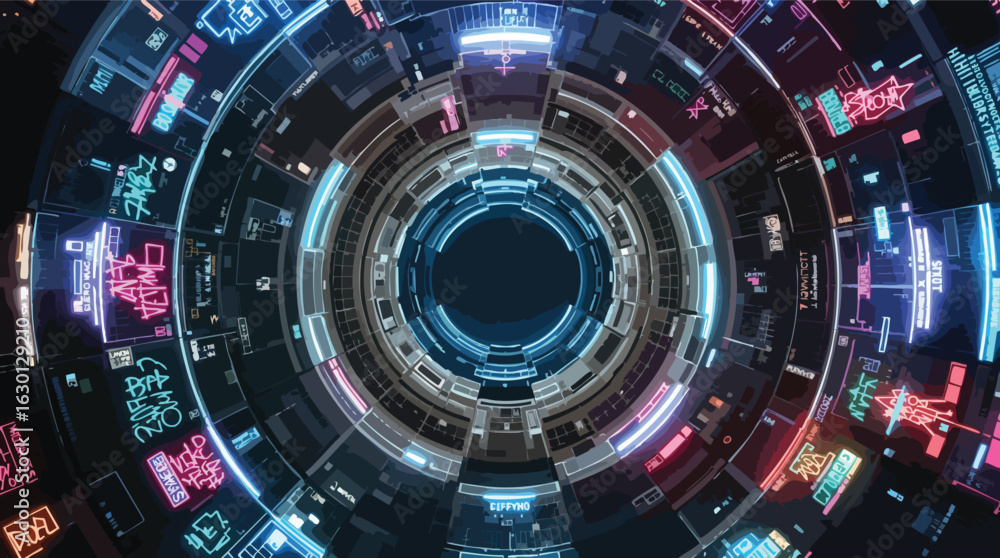 Poster neon cyberpunk cityscape tunnel with circular architecture and glowing text abstract blue.