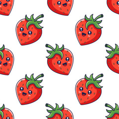 Adobe IlCute Kawaii strawberry character seamless pattern. Vector hand drawn cartoon Strawberry character texture with white background. Kids Textile designlustrator Artwork