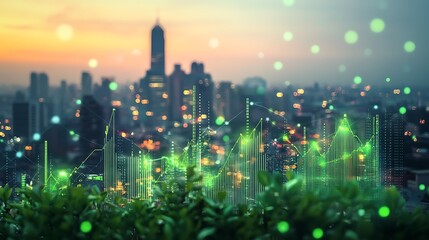 Cityscape with financial graph overlay and blurred background at dusk