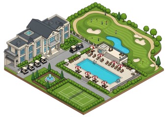 Isometric Luxury Country Club Vector Illustration – Golf Course & Resort Pool for Event Design