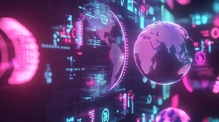 Abstract digital world with glowing globes and data visualizations neon