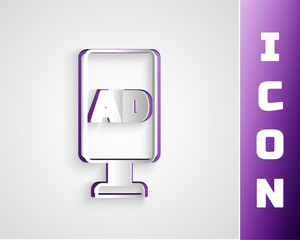 Paper cut Advertising icon isolated on grey background. Concept of marketing and promotion process. Responsive ads. Social media advertising. Paper art style. Vector