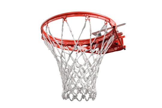 Basketball hoop, close-up view.  Red rim, white net