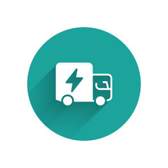 White Electric truck icon isolated with long shadow background. Green circle button. Vector