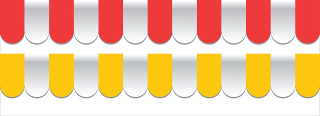 Striped shop tent repeated design set. Store window awning pattern collection. Cafe or restaurant roof canopy pack. Red,  yellow stall market place cover. Repeating stripe sunshade design. Vector