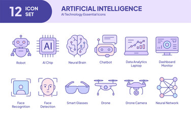 Artificial Intelligence Icons Set in Flat Vector Pack of AI Technology Symbols: Robot, Neural Network, Drone, Machine Learning.