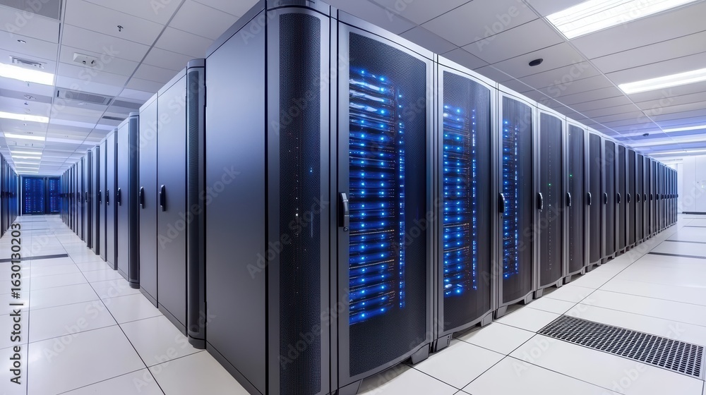 Poster modern data center with rows of server racks and blue lights