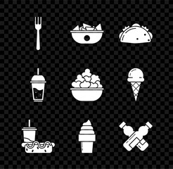 Set Fork, Nachos in plate, Taco with tortilla, Paper glass drinking straw and hotdog, Ice cream waffle cone, Crossed bottle of water, Glass lemonade and Popcorn bowl icon. Vector