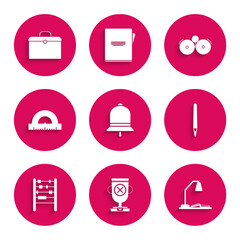 Set Ringing bell, Award cup, Workplace with table lamp and open book, Pen, Abacus, Protractor grid for measuring degrees, alarm and Briefcase icon. Vector