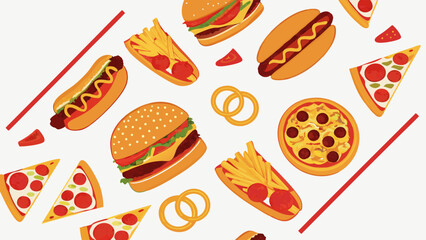 Assortment of Various Fast Food Items in a Pattern.
