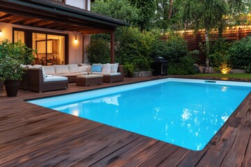 Cozy Backyard with Modern Pool and Elegant Outdoor Furniture