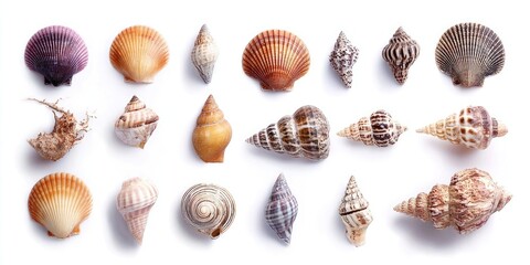 Assorted seashells on white background