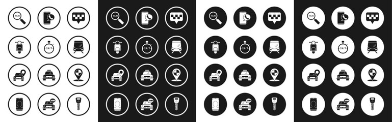 Set Map pointer with taxi, Stopwatch 24 hours, Scooter, Magnifying glass and car, Tram railway, Taxi call telephone service, and icon. Vector