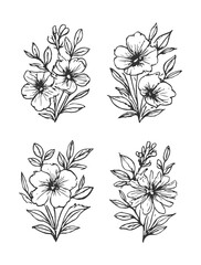 Detailed flower bouquet illustration with leaves and buds, drawn in a classic black and white ink style.