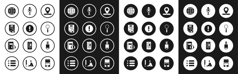 Set Location, Information, Certificate template, Social network, Magnifying glass, Microphone, USB flash drive and Audio book icon. Vector