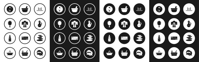 Set Swimming pool with ladder, Massage stone therapy, Sauna broom, Yin Yang, Essential oil bottle, Mortar and pestle, Stack hot stones and icon. Vector
