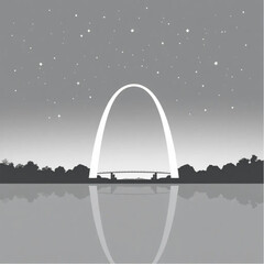 Gateway Arch reflecting in calm water in St Louis under a star-filled sky