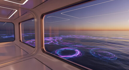 Fototapeta premium Futuristic spaceship interior with ocean view