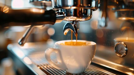 Espresso shot being pulled, close-up of crema and machine, celebrating coffee culture, International Coffee Day 2025