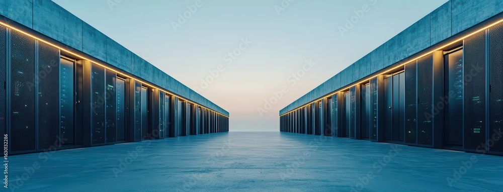 Poster modern data center infrastructure at dawn with symmetrical design
