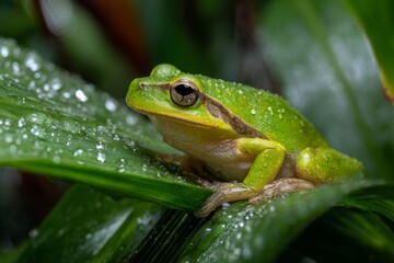 Naklejka premium Green tree frog sitting on a leaf with water droplets nature amphibian wildlife macro photo