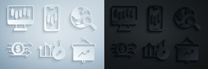 Set Financial growth, Search globe, dollar, Board with graph, Mobile stock trading and Stocks market graphs icon. Vector