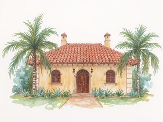 Fototapeta premium Brazilian colonial style house in oil pastel painting on plain white background