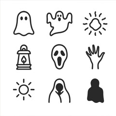 Supernatural Spirit Icons. Outline icon set of supernatural spirits: wandering ghost, poltergeist silhouette, spectral aura,