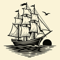 Vintage sailing ship at sunset. Retro maritime vector logo illustration.