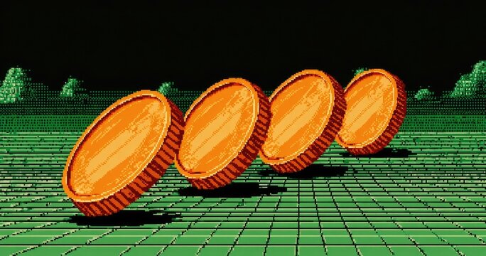 Four pixelated orange coins, angled, on a green gridded background, reminiscent of a retro video game