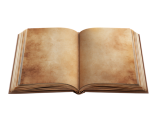 Antique open book with aged pages isolated on transparent background
