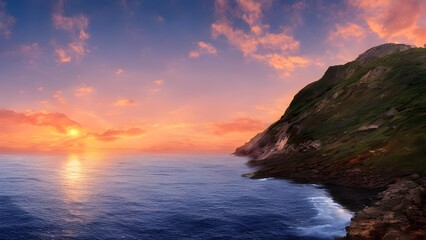 Fototapeta premium An orange sun dips below the horizon, casting a vibrant glow over the sea, with waves gently crashing on the coast