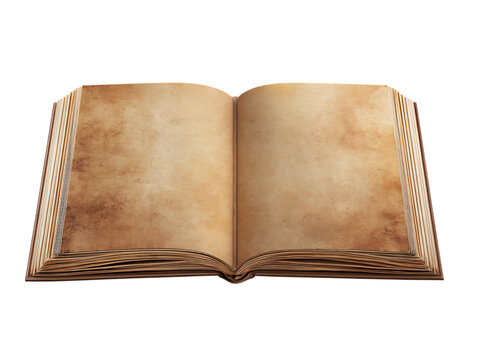Antique open book with aged pages isolated on transparent background