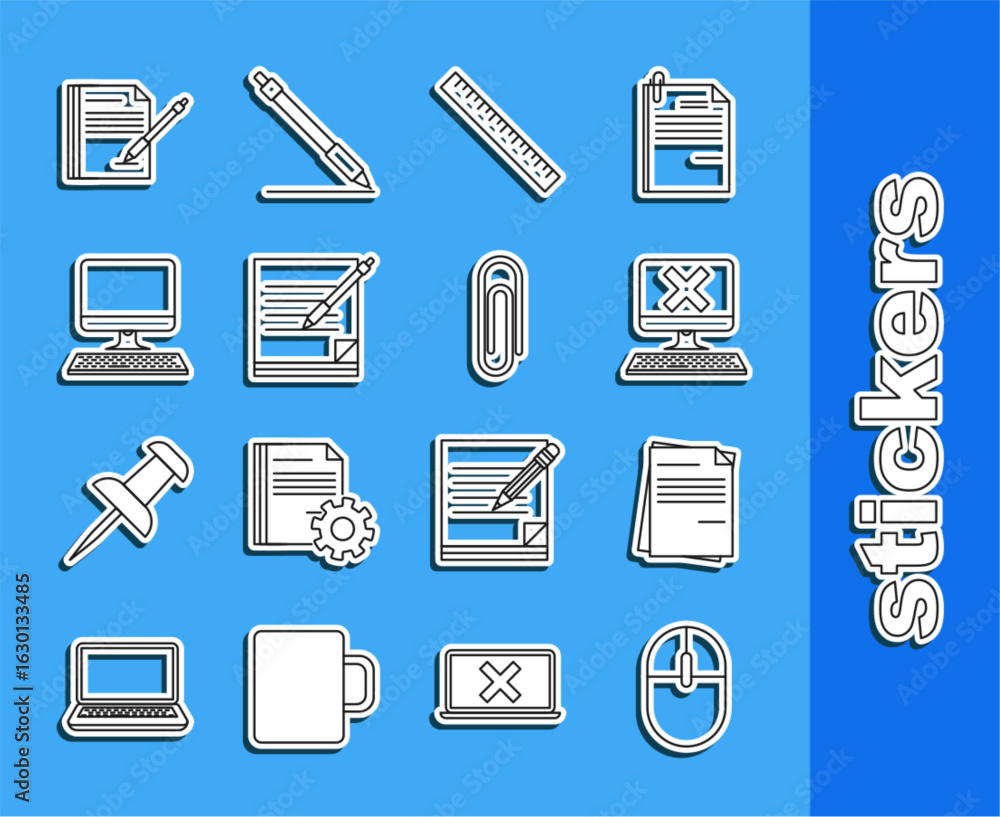 Poster set line computer mouse, file document, with keyboard and x mark, ruler, blank notebook pen, monitor