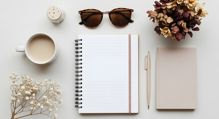 Serene feminine workspace flat lay with a blank spiral notebook for journaling, morning coffee, and dried flowers