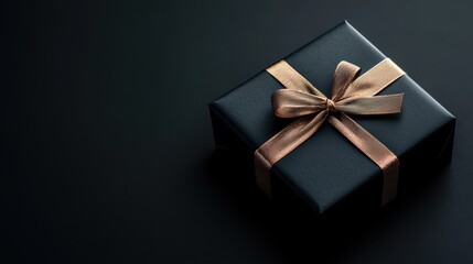 Elegant Black Gift Box with Golden Ribbon on Dark Background