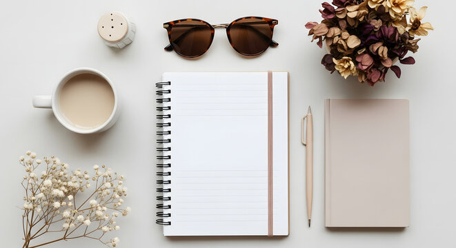 Serene feminine workspace flat lay with a blank spiral notebook for journaling, morning coffee, and dried flowers