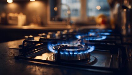 Obraz premium A gas stove burner with a bright blue flame, glowing against a dark background 