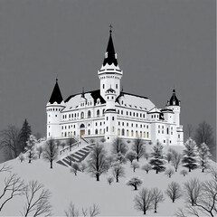 Fototapeta premium Bran Castle smothered in snow in Romania at midnight with glowing lanterns