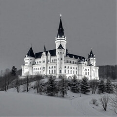 Bran Castle under neon lights in Romania at the height of a snowy winter