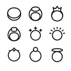 Symbolic Ring Icons. Outline icon set of symbolic rings: wedding band, signet ring, crown circle, power ring, ritual band, aura