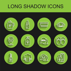 Set line Aroma diffuser, Massage, Cup of tea and leaf, Ointment cream tube, Essential oil bottle, Flip flops and Spa salon icon. Vector