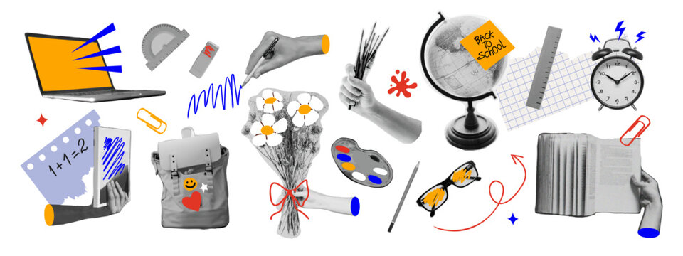 Trendy education collage in halftone style on transparent background. Paper cut outs, doodles, laptop, books, globe, and school supplies. Vector illustration.