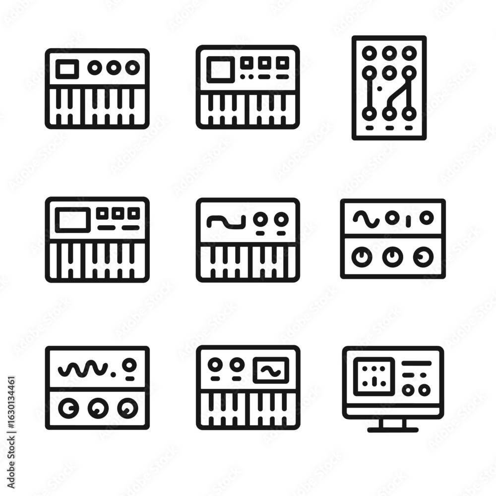 Poster synth icon set. outline icon set of synth types: analog synth, digital synth, modular synth, fm synt