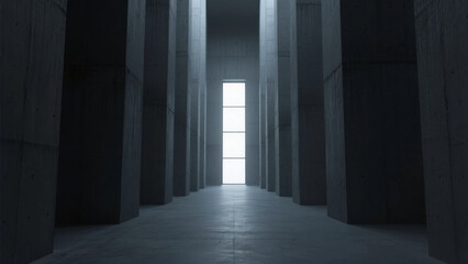 Obraz premium A long corridor with tall columns leading to a brightly lit doorway at the end.