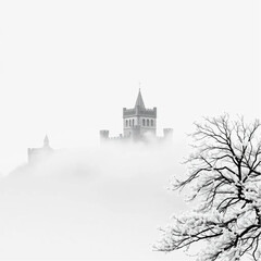 Edinburgh Castle bathed in morning mist in Edinburgh at the peak of cherry blossom season