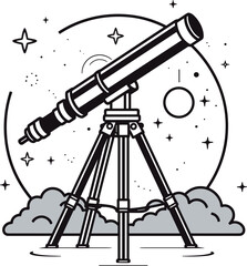 Vector Outline of a Telescope for Stargazing and Cosmic Exploration. Black and White Scientific Instrument for Celestial Discovery.